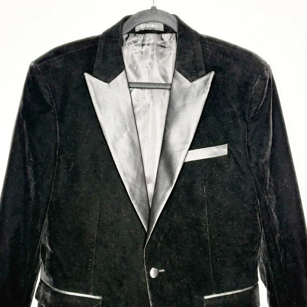 Kudoro Mens Black Velvet Tuxedo Jacket Satin Peak Lapel Formal Blazer Small